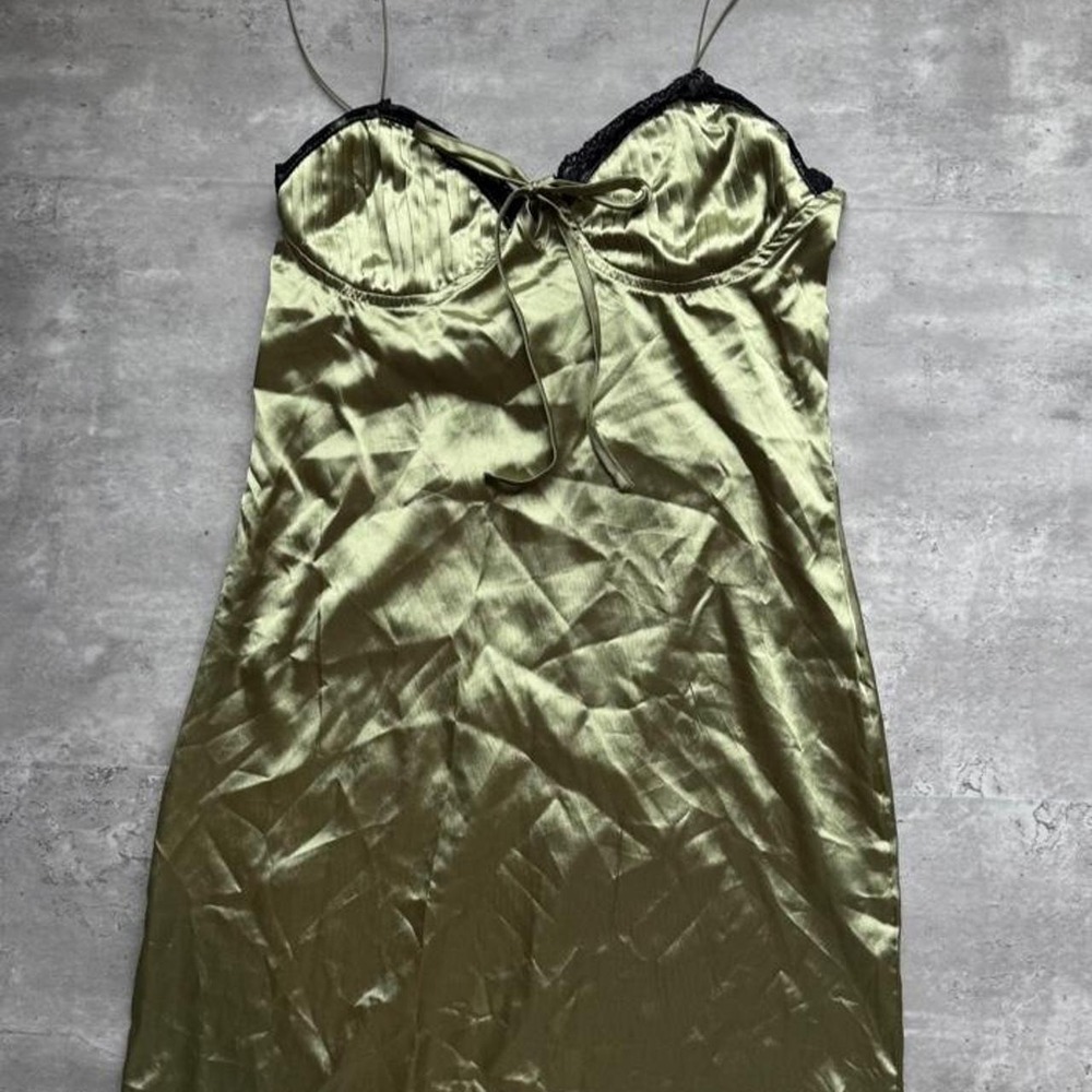 SHEIN Green Satin Mini Dress Black Lace Trim Bustier Style Size L